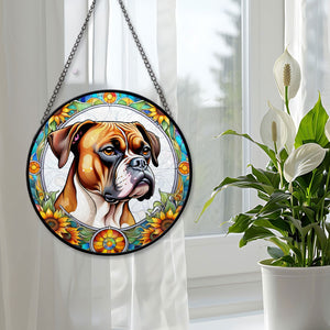 Boxer Dog Stained Glass Suncatcher, Boxer Dog Sunflower Suncatcher for Windows Stained Glass