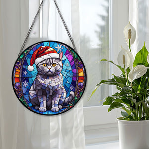 Christmas Cat Stained Glass Suncatcher | Unique Holiday Gift for Cat Lovers | British Shorthair Cat