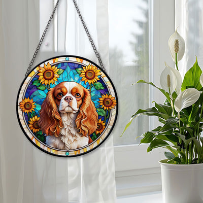 Cavalier King Charles Spaniel Stained Glass Suncatcher, Cavalier King Charles Spaniel Sunflower Suncatcher for Windows Stained Glass