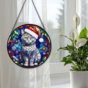 Christmas Cat Stained Glass Suncatcher | Unique Holiday Gift for Cat Lovers | Chartreux Cat