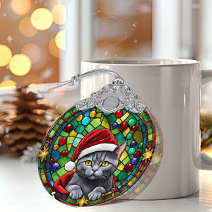 Christmas Cat Stained Glass Ornament | Unique Holiday Gift for Cat Lovers | Chartreux Cat