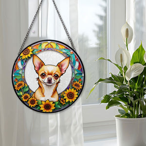 Chihuahua Stained Glass Suncatcher, Chihuahua Sunflower Suncatcher for Windows Stained Glass