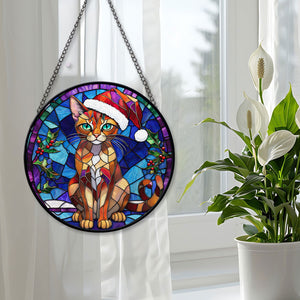 Christmas Cat Stained Glass Suncatcher | Unique Holiday Gift for Cat Lovers | Abyssinian Cat