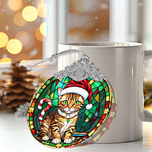 Christmas Cat Stained Glass Ornament | Unique Holiday Gift for Cat Lovers | Bengal Cat