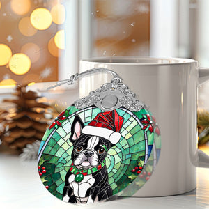 Christmas Dog Stained Glass Ornament | Unique Holiday Gift for Dog Lovers | Boston Terrier