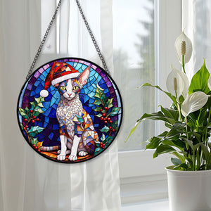 Christmas Cat Stained Glass Suncatcher | Unique Holiday Gift for Cat Lovers | Cornish Rex Cat