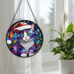 Christmas Cat Stained Glass Suncatcher | Unique Holiday Gift for Cat Lovers | Cymric Cat