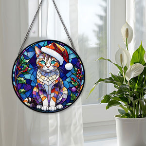 Christmas Cat Stained Glass Suncatcher | Unique Holiday Gift for Cat Lovers | European Shorthair Cat