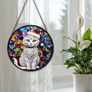 Christmas Cat Stained Glass Suncatcher | Unique Holiday Gift for Cat Lovers | Manee Cat