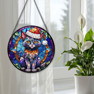 Christmas Cat Stained Glass Suncatcher | Unique Holiday Gift for Cat Lovers | Lykoi Cat