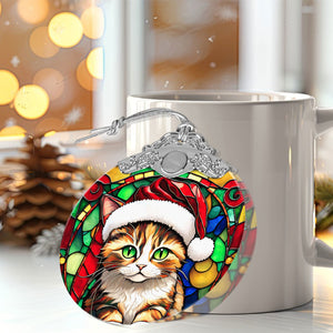 Christmas Cat Stained Glass Ornament | Unique Holiday Gift for Cat Lovers | Munchkin Cat