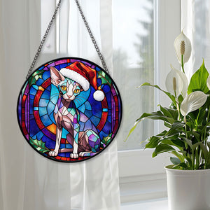 Christmas Cat Stained Glass Suncatcher | Unique Holiday Gift for Cat Lovers | Peterbald Cat