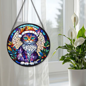 Christmas Cat Stained Glass Suncatcher | Unique Holiday Gift for Cat Lovers | Pixie-bob Cat