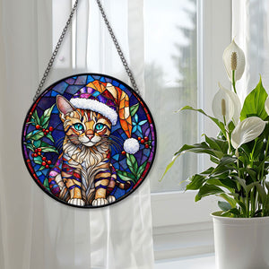 Christmas Cat Stained Glass Suncatcher | Unique Holiday Gift for Cat Lovers | Savannah Cat