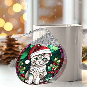 Christmas Cat Stained Glass Ornament | Unique Holiday Gift for Cat Lovers | Scottish Fold