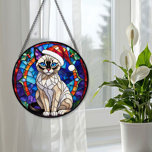 Christmas Cat Stained Glass Suncatcher | Unique Holiday Gift for Cat Lovers | Siamese Cat