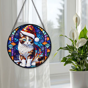 Christmas Cat Stained Glass Suncatcher | Unique Holiday Gift for Cat Lovers | Snowshoe Cat