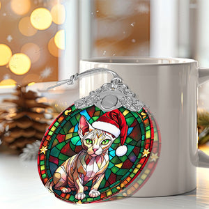 Christmas Cat Stained Glass Ornament | Unique Holiday Gift for Cat Lovers | Sphynx Cat