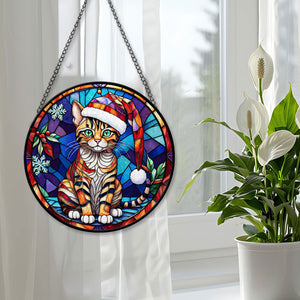 Christmas Cat Stained Glass Suncatcher | Unique Holiday Gift for Cat Lovers | Toyger Cat