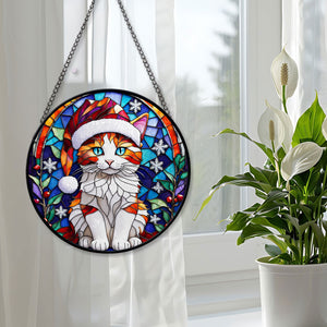 Christmas Cat Stained Glass Suncatcher | Unique Holiday Gift for Cat Lovers | Turkish Van Cat