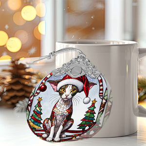 Christmas Cat Stained Glass Ornament | Unique Holiday Gift for Cat Lovers | Cornish Rex