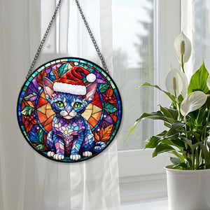 Christmas Cat Stained Glass Suncatcher | Unique Holiday Gift for Cat Lovers | Devon Rex Cat