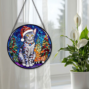 Christmas Cat Stained Glass Suncatcher | Unique Holiday Gift for Cat Lovers | Egyptian Mau Cat