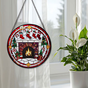 Fireplace With Stockings Stained Glass Suncatcher, Fireplace With Stockings Suncatcher for Windows Stained Glass