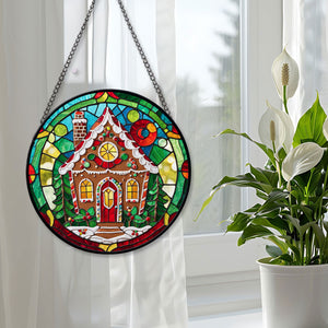 Gingerbread House Stained Glass Suncatcher, Gingerbread House Suncatchers for Windows Stained Glass