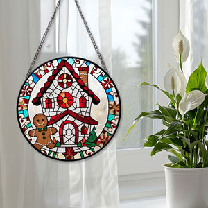 Gingerbread & House Stained Glass Suncatcher, Gingerbread & House Suncatcher for Windows Stained Glass