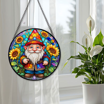 Gnome Stained Glass Suncatcher, Gnome Sunflower Suncatcher for Windows Stained Glass