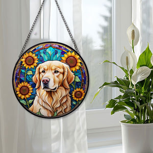 Golden Retriever Stained Glass Suncatcher, Golden Retriever Sunflower Suncatcher for Windows Stained Glass