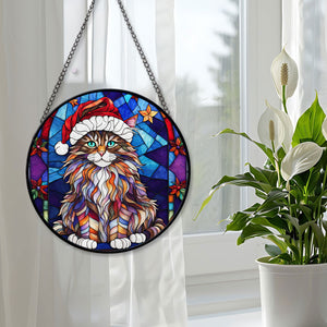 Christmas Cat Stained Glass Suncatcher | Unique Holiday Gift for Cat Lovers | Maine Coon Cat