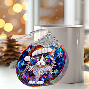 Christmas Cat Stained Glass Ornament | Unique Holiday Gift for Cat Lovers | Norwegian Forest