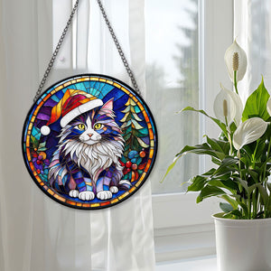 Christmas Cat Stained Glass Suncatcher | Unique Holiday Gift for Cat Lovers | Norwegian Forest Cat