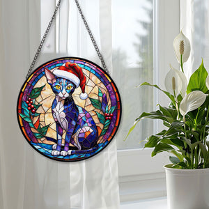 Christmas Cat Stained Glass Suncatcher | Unique Holiday Gift for Cat Lovers |Oriental Shorthair Cat