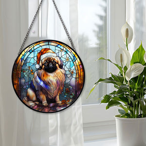 Christmas Dog Stained Glass Suncatcher | Unique Holiday Gift for Dog Lovers | Pekingese