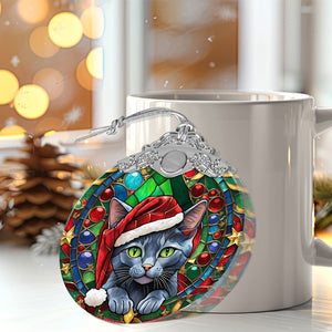 Christmas Cat Stained Glass Ornament | Unique Holiday Gift for Cat Lovers | Russian Blue Cat