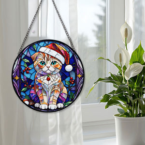 Christmas Cat Stained Glass Suncatcher | Unique Holiday Gift for Cat Lovers | Scottish Fold Cat