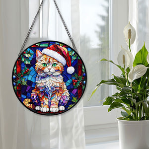 Christmas Cat Stained Glass Suncatcher | Unique Holiday Gift for Cat Lovers | Selkirk Rex Cat