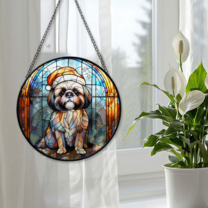 Christmas Dog Stained Glass Suncatcher | Unique Holiday Gift for Dog Lovers | Shih Tzu