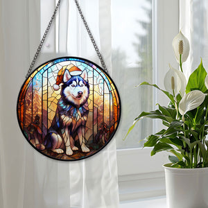 Christmas Dog Stained Glass Suncatcher | Unique Holiday Gift for Dog Lovers | Siberian Husky