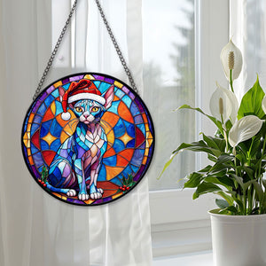 Christmas Cat Stained Glass Suncatcher | Unique Holiday Gift for Cat Lovers | Sphynx Cat