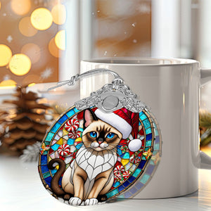 Christmas Cat Stained Glass Ornament | Unique Holiday Gift for Cat Lovers | Thailand Siamese