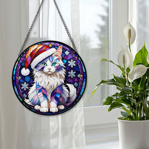 Christmas Cat Stained Glass Suncatcher | Unique Holiday Gift for Cat Lovers | Turkish Angora Cat