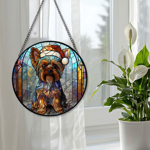 Christmas Dog Stained Glass Suncatcher | Unique Holiday Gift for Dog Lovers | Yorkshire Terrier