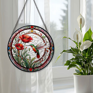 Red poppy hummingbird Stained Glass Suncatcher, hummingbird Suncatcher for Windows Stained Glass