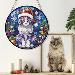 Christmas Cat Stained Glass Suncatcher | Unique Holiday Gift for Cat Lovers | American Curl Cat