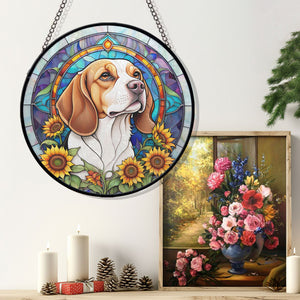 Beagle Stained Glass Suncatcher, Beagle Sunflower Suncatcher for Windows Stained Glass