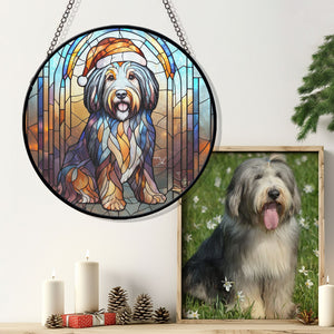 Christmas Dog Stained Glass Suncatcher | Unique Holiday Gift for Dog Lovers | Bearded Collie